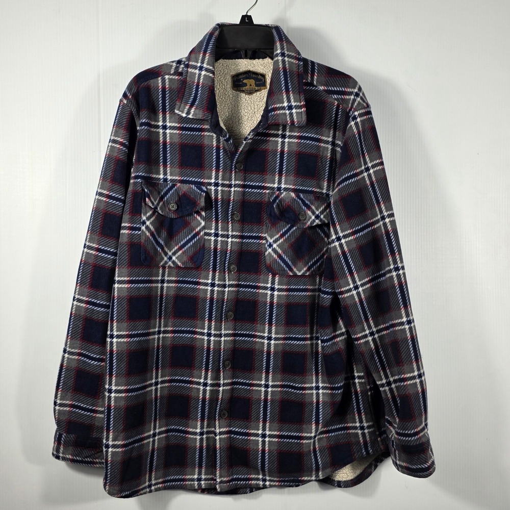 Freedom Foundry Mens XL Plaid Sherpa Lined Fleece Shirt Jacket Navy Red Grey